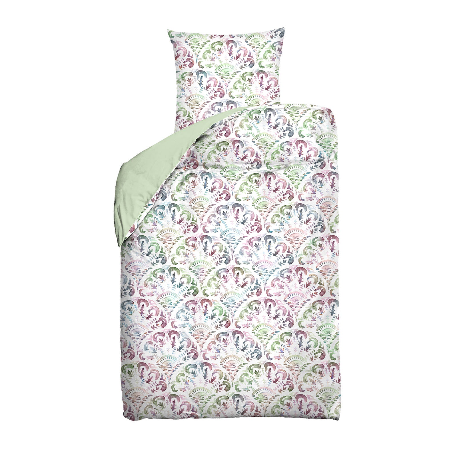 Eine Bettwäsche-Garnitur bestehend aus einem Bettbezug und einem Kissenbezug. Die Vorderseite zeigt ein detailliertes, symmetrisches Muster mit floralen und ornamentalen Elementen in Aquarelloptik, in Grün-, Blau-, Rot- und Lilatönen auf weißem Hintergrund. Die Rückseite ist in einem schlichten, pastellgrünen Farbton gehalten. Die Bettwäsche liegt flach ausgebreitet und wirkt hochwertig verarbeitet.